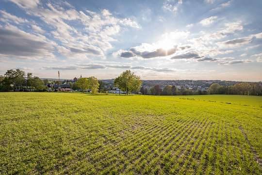 Sonnenuntergang auf einer Wiese neben Stollberg