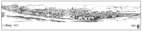 Gezeichnetes Bild Gesamtansicht von Stollberg vom Hofzeichner Dillich 1624